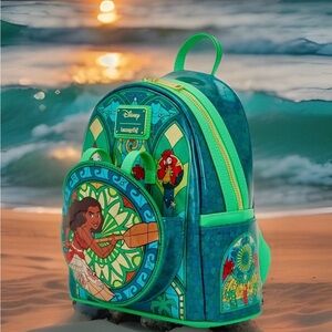 NEW Loungefly Disney Princess Stained Glass MOANA Teal Backpack Hei Hei & Pua